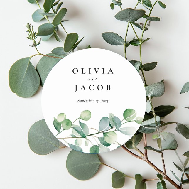 Greenery Eucalyptus Watercolor Wedding Classic Round Sticker (Creator Uploaded)