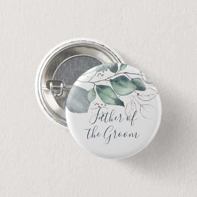 GREENERY EUCALYPTUS WATERCOLOUR GROOM'S FATHER 3 CM ROUND BADGE (Front & Back)