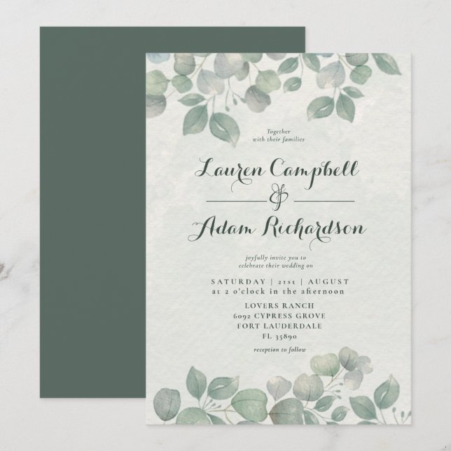 Greenery Eucalyptus Watericolor Sage Green Wedding Invitation (Front/Back)