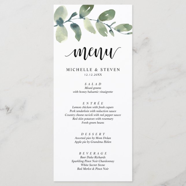 Greenery Eucalyptus Wedding Elopement Dinner Menu (Front)