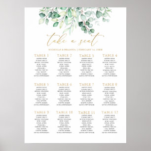 Greenery Eucalyptus Wedding Gold 12 Table Seating Poster