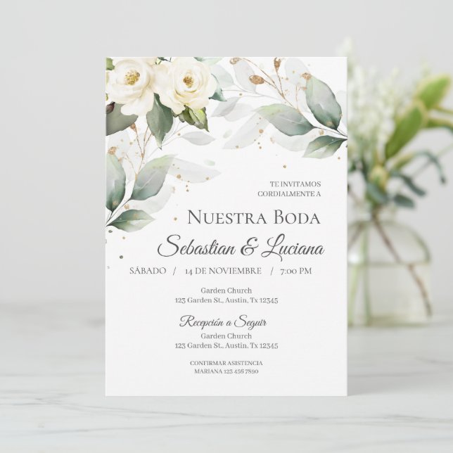 Greenery Eucalyptus Wedding invite in Spanish (Standing Front)