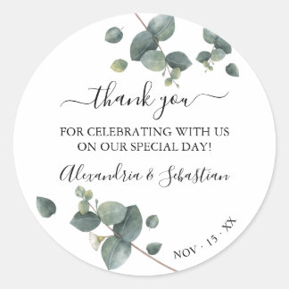 Greenery Eucalyptus Wedding Thank You Classic Round Sticker
