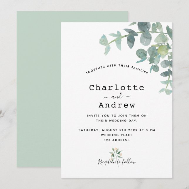 Greenery eucalyptus white elegant wedding invitation (Front/Back)