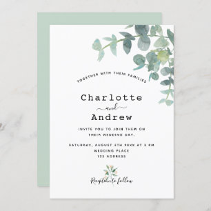 Greenery eucalyptus white elegant wedding invitation