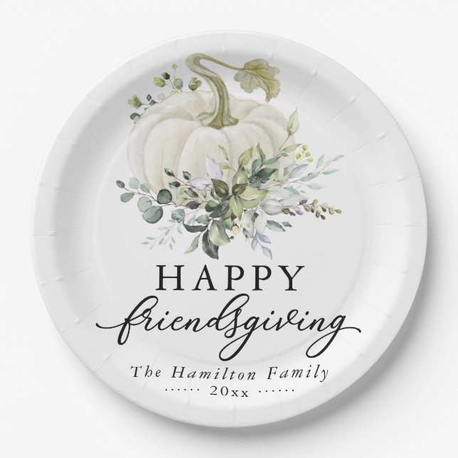 Greenery Eucalyptus White Pumpkin Friendsgiving  Paper Plate (Front)