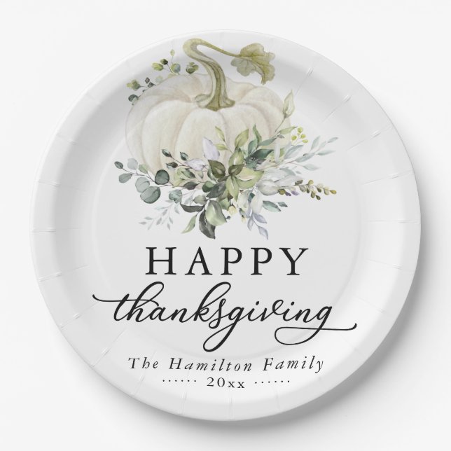 Greenery Eucalyptus White Pumpkin Thanksgiving Paper Plate (Front)