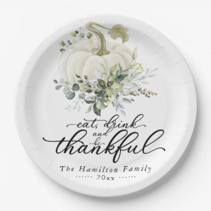 Greenery Eucalyptus White Pumpkin Thanksgiving Paper Plate