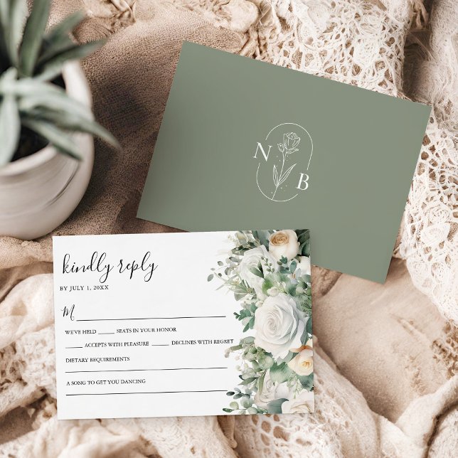 Greenery Eucalyptus White Rose Elegant Wedding RSVP Card (Creator Uploaded)