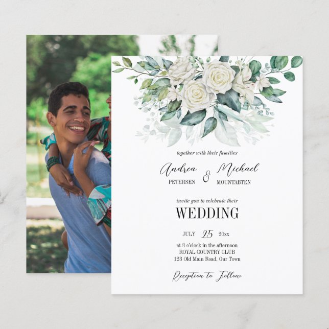 Greenery eucalyptus white roses wedding invitation (Front/Back)