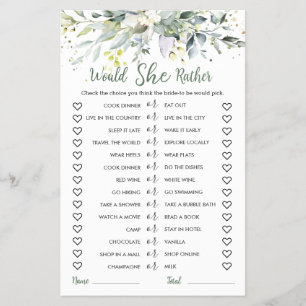 Greenery Eucalyptus Would She Rather Bridal Game Flyer