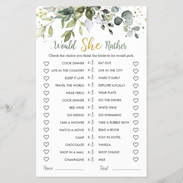 Greenery Eucalyptus Would She Rather Bridal Game Flyer (Front)