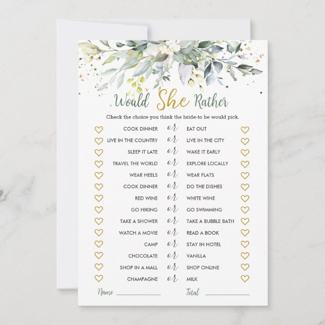 Greenery Eucalyptus Would She Rather Bridal Game Invitation (Front)