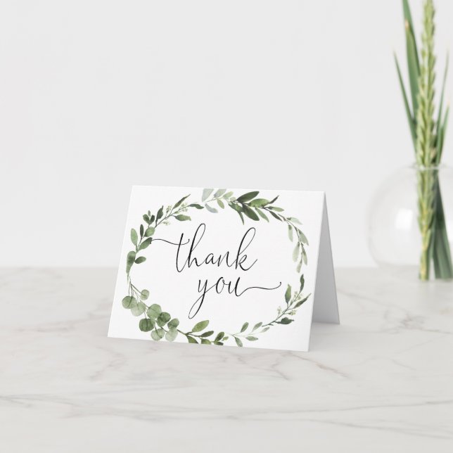 Greenery eucalyptus wreath foliage modern script thank you card (Front)