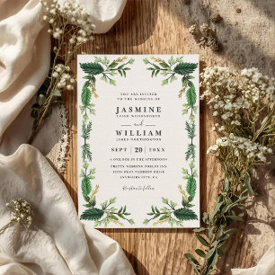 Greenery Evergreen Leaves Rustic QR Code Wedding Invitation