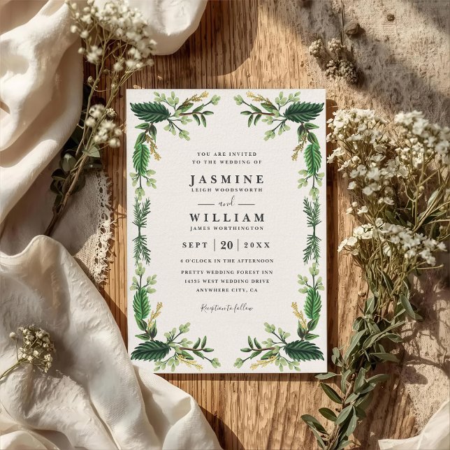 Greenery Evergreen Leaves Rustic QR Code Wedding Invitation (Creator Uploaded)