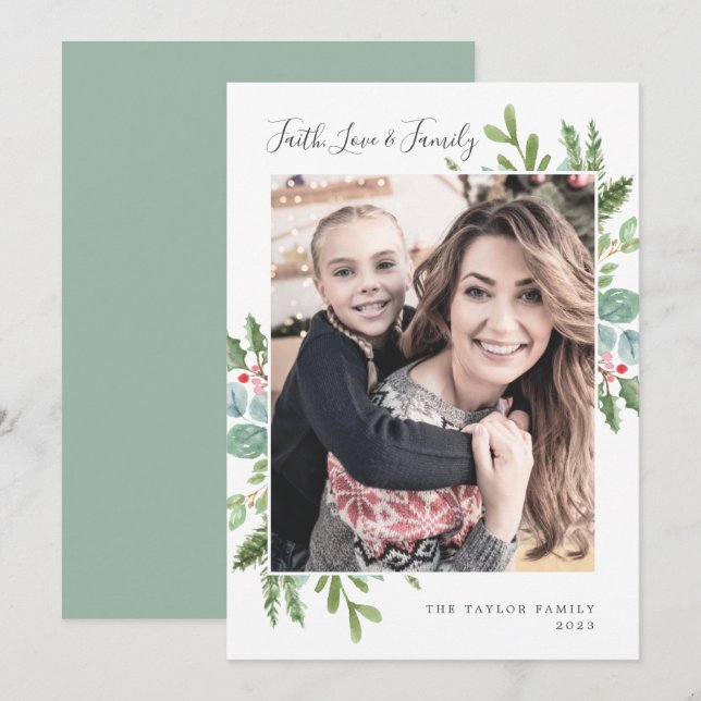 Greenery Faith Love and Family Photo Holiday Card (Front/Back)