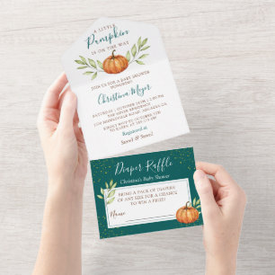 Greenery Fall Pumpkin Baby Shower & Diaper Raffle All In One Invitation