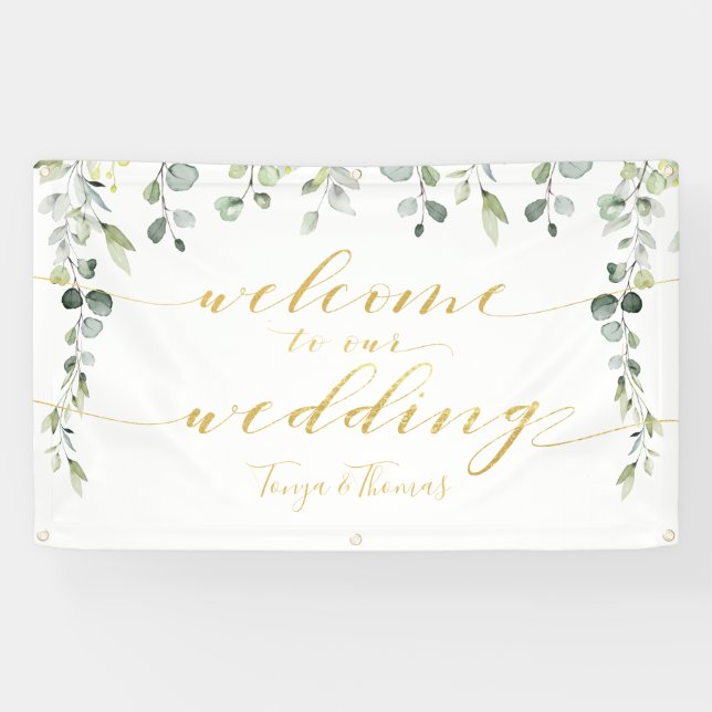 Greenery & Fancy Gold Calligraphy Welcome Wedding Banner (Horizontal)