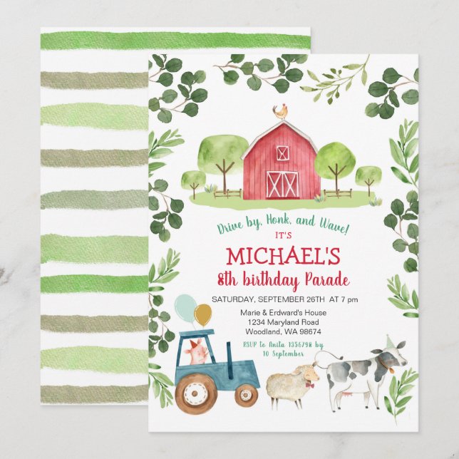 Greenery farm animal birthday invitation (Front/Back)