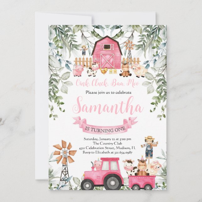 Greenery Farm Animals Barnyard Pink Girl Birthday Invitation (Front)