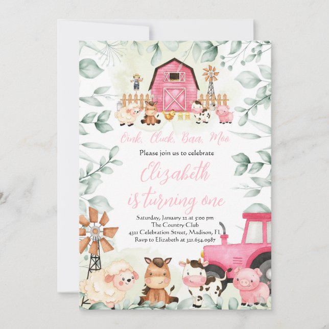 Greenery Farm Animals Barnyard Pink Girl Birthday Invitation (Front)