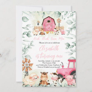 Greenery Farm Animals Barnyard Pink Girl Birthday Invitation