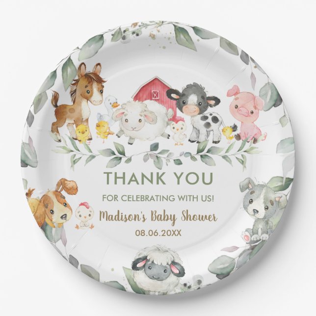 Greenery Farm Animals Birthday Baby Shower  Paper Plate (Front)