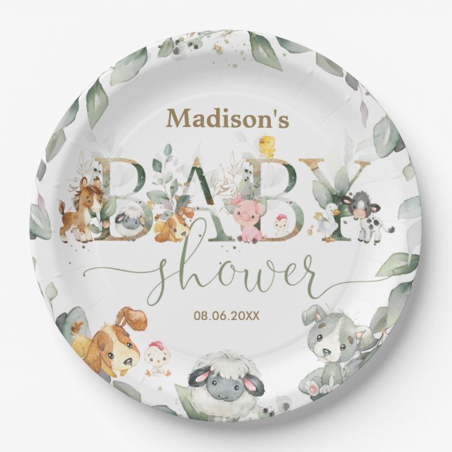 Greenery Farm Animals Gender Neutral Baby Shower Paper Plate (Front)