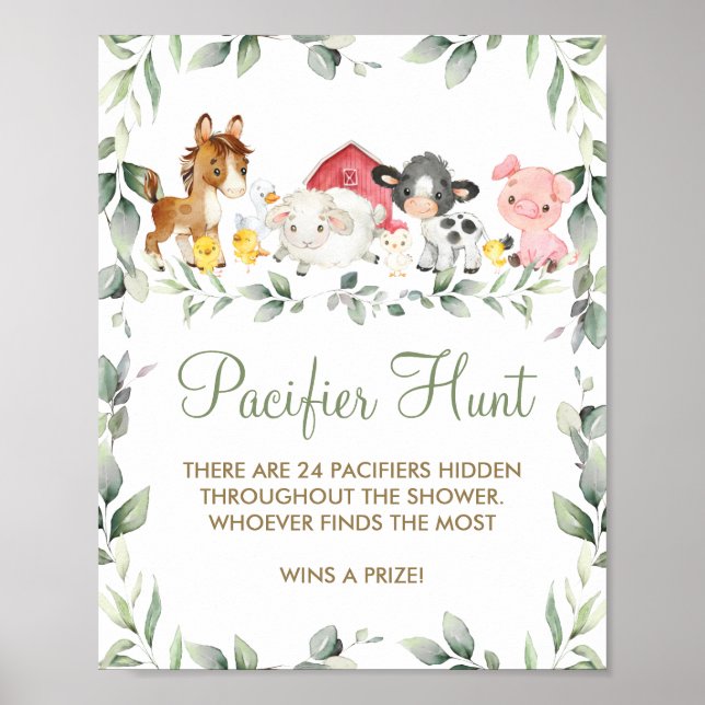 Greenery Farm Barnyard Animals Pacifier Hunt Game Poster (Front)