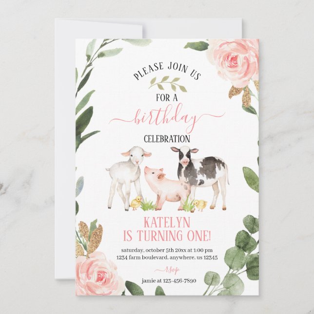 Greenery Farm Birthday Invitation with Flowers (Front)