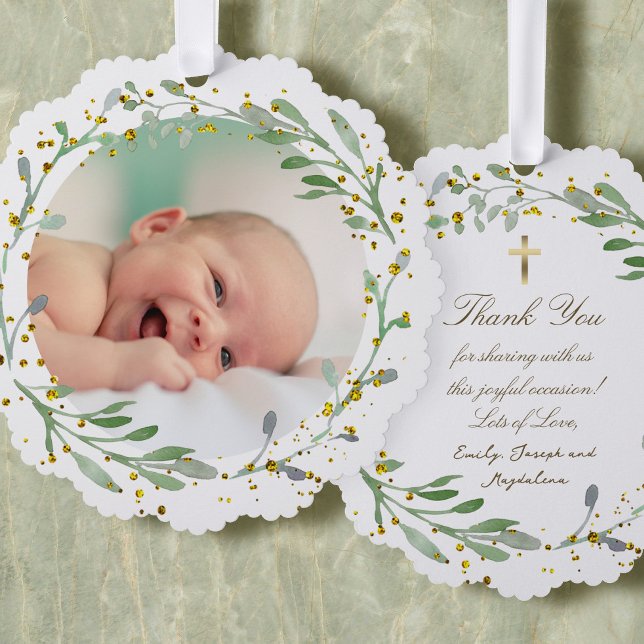 greenery faux glitter Baptism thank you  Tree Decoration Card (Creator Uploaded)