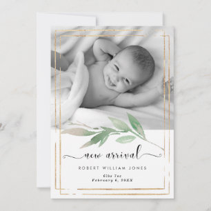 greenery faux gold photo new baby announcement