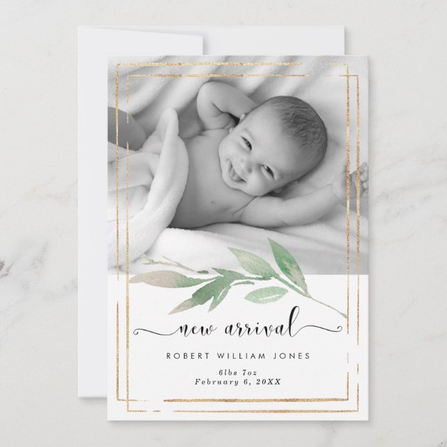 greenery faux gold photo new baby announcement (Front)
