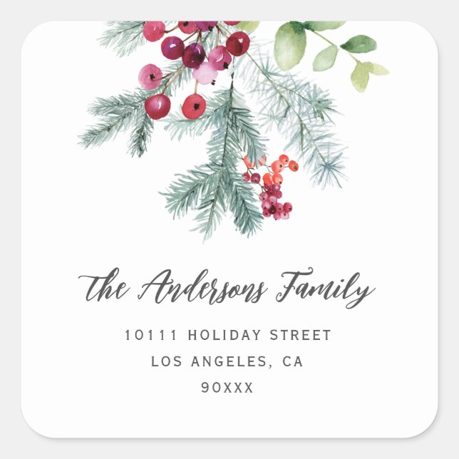 greenery fern holiday address square sticker (Front)
