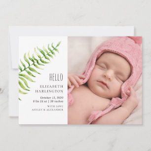 Greenery fern new baby birth. Botanical newborn Announcement