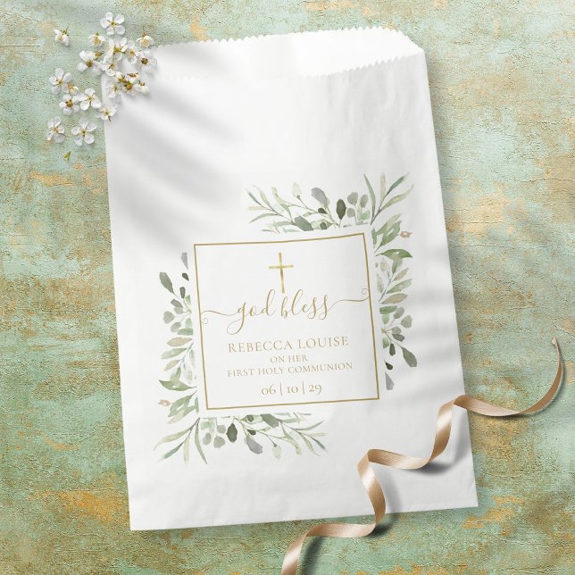 Greenery First Communion Gold Script Favour Bags (Creator Uploaded)