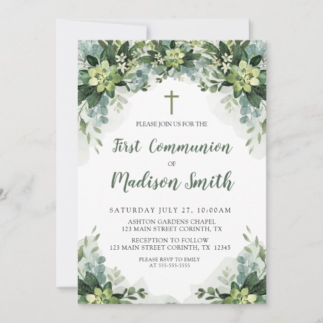 Greenery First Communion Invitation (Front)
