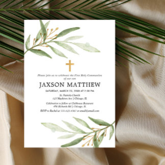 Greenery first holy communion green gold leaves invitation