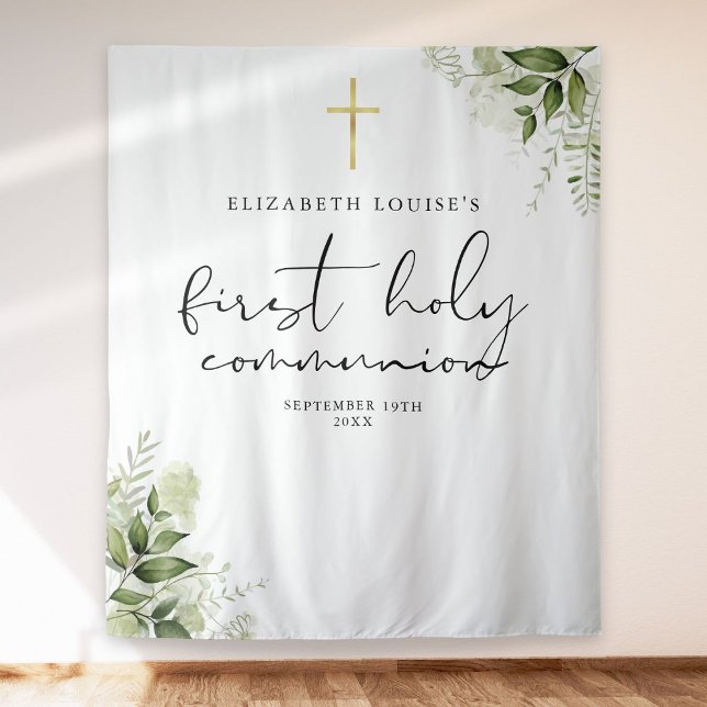 Greenery First Holy Communion Photo Backdrop Tapestry (Creator Uploaded)
