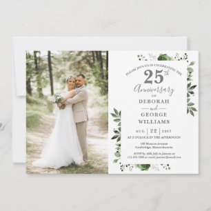 Greenery Floral 25th Wedding Anniversary Photo Invitation