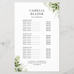 Greenery Floral 2 Sided Service Menu Price List