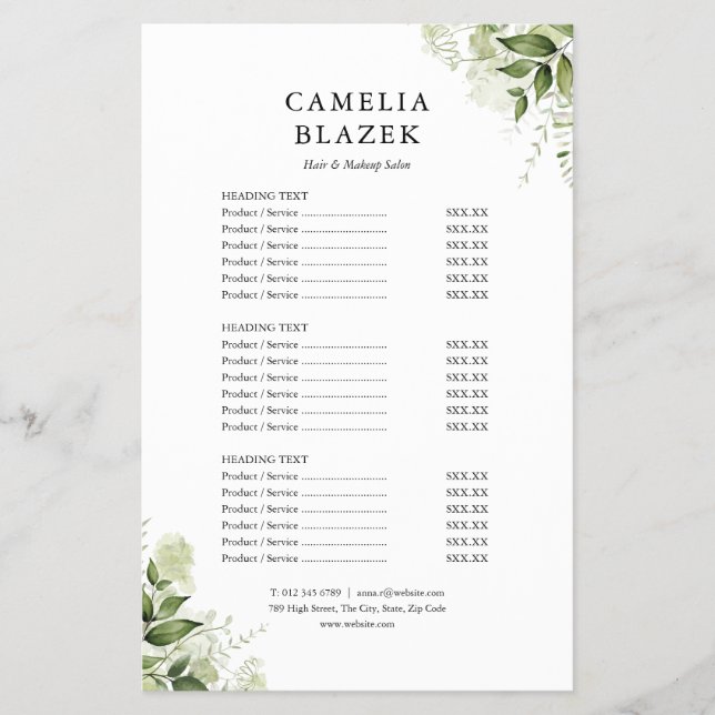 Greenery Floral 2 Sided Service Menu Price List (Front)