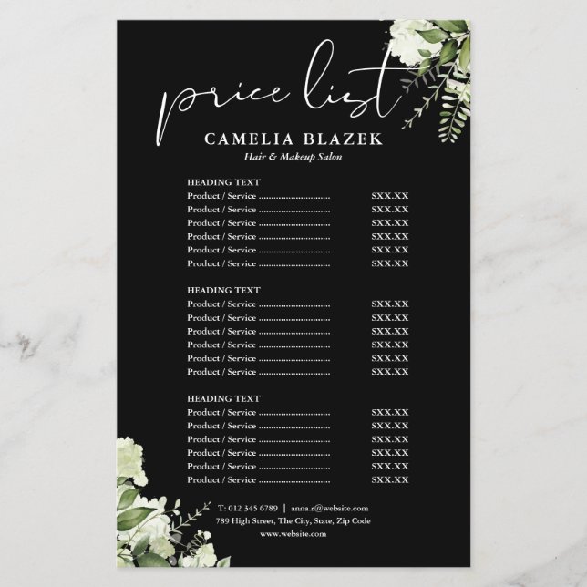 Greenery Floral 2 Sided Service Menu Price List (Front)