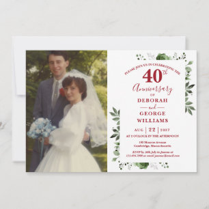 Greenery Floral 40th Wedding Anniversary Photo Invitation