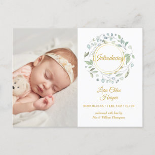 Greenery Floral 4 Photo Baby Birth Announcement Postcard