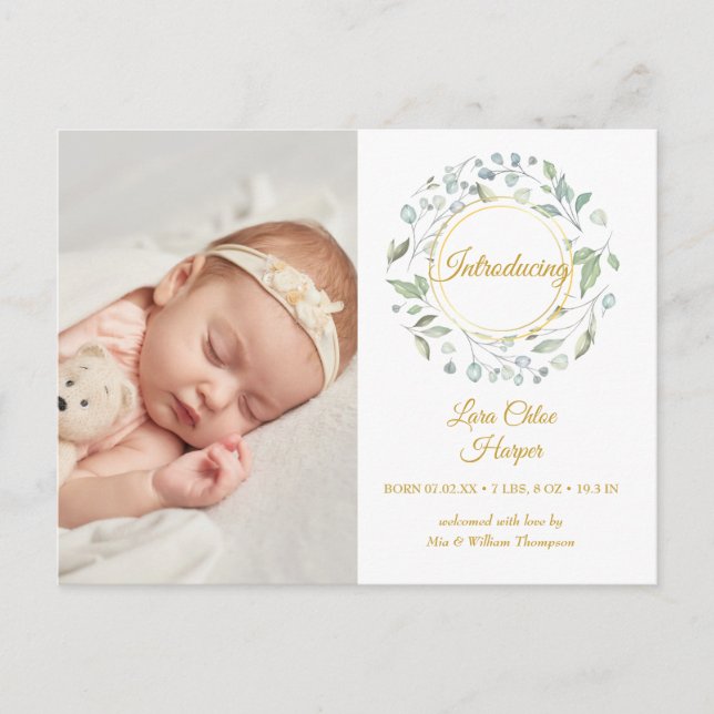 Greenery Floral 4 Photo Baby Birth Announcement Postcard (Front)