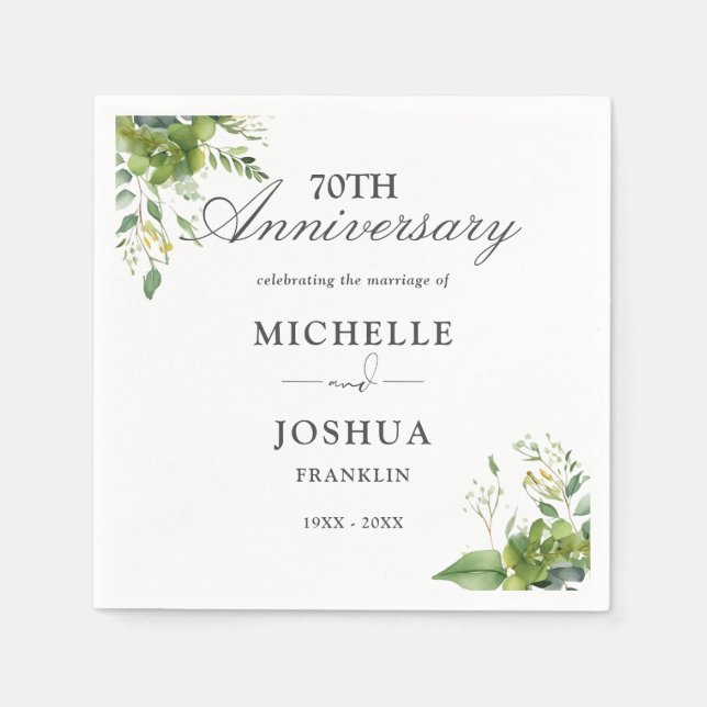 Greenery Floral 70th Wedding Anniversary Napkin (Front)
