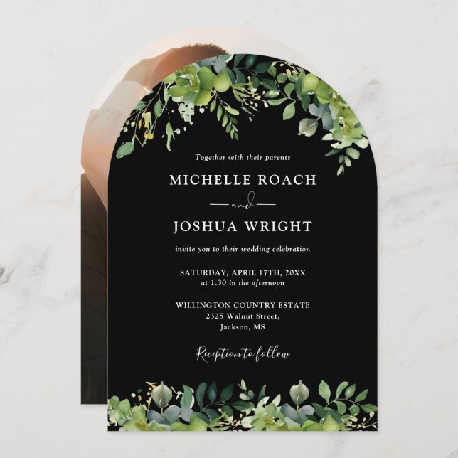 Greenery Floral Arch Black And White Photo Wedding Invitation (Front/Back)