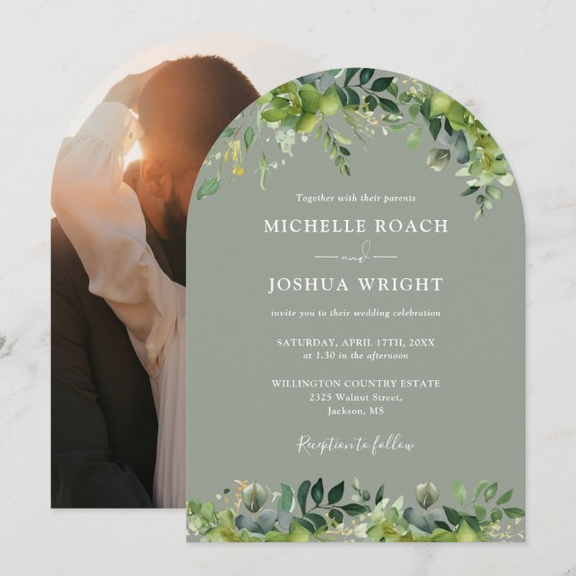 Greenery Floral Arch Sage Green Photo Wedding Invitation (Front/Back)